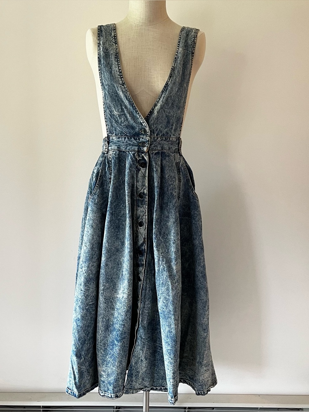 Vintage Acid Wash Denim Button-Front Pinafore Dress - Blue - Picture 1 of 6